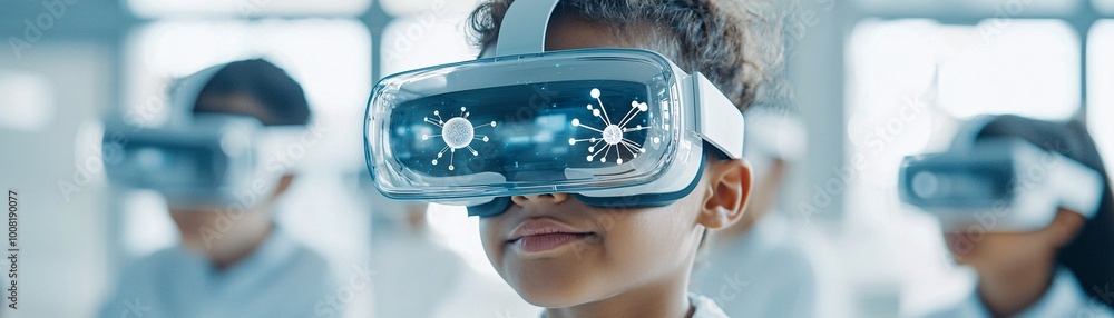 Poster a modern classroom featuring students interacting with quantum models through augmented reality glas