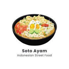 Hand drawn vector illustration of Soto Ayam or Chicken Soup. Traditional food from Indonesia