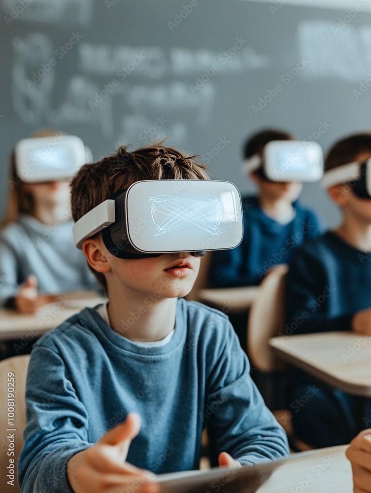 Poster students in a high-tech classroom using ar glasses to visualize quantum wave functions, with signifi
