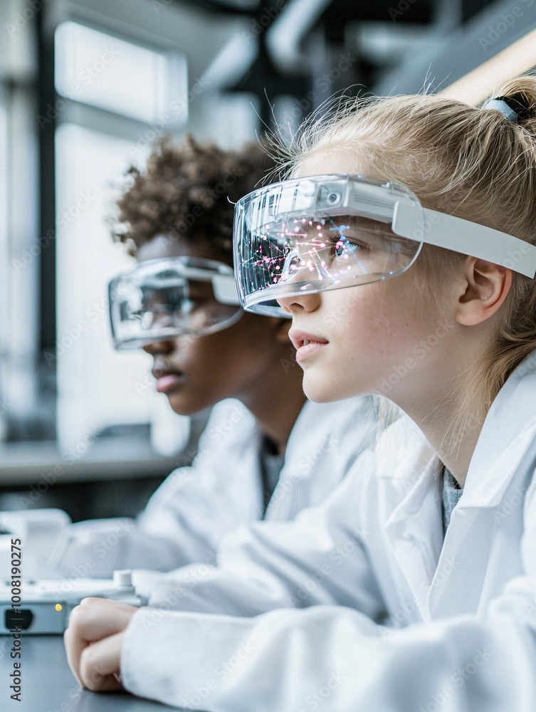Poster students in a high-tech classroom using ar glasses to visualize quantum wave functions, with signifi