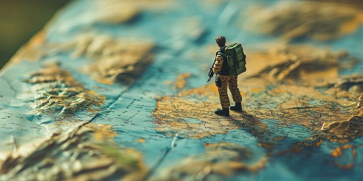 map with a toy soldier on it for military warfare 