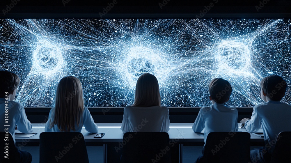 Poster a teacher guiding students through a quantum-powered learning experience, where holographic quantum 