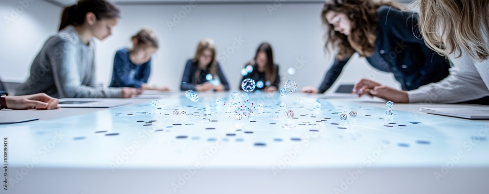Poster a group of students interacting with augmented reality displays showing quantum particles and atomic