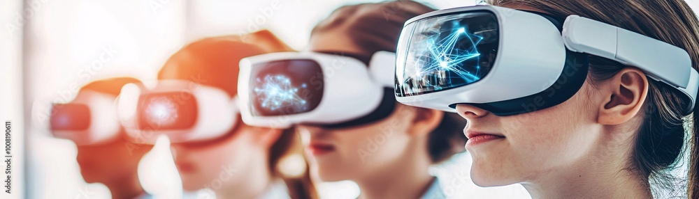 Poster a teacher guiding students through quantum experiments using ar technology, with holographic represe