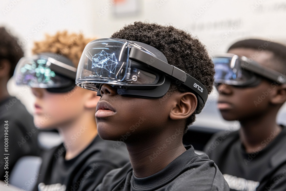 Poster a futuristic classroom with students using augmented reality glasses to interact with quantum comput