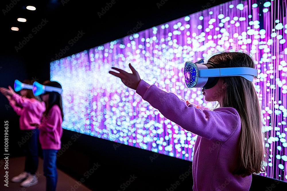 Poster a futuristic classroom with students using augmented reality glasses to interact with quantum comput