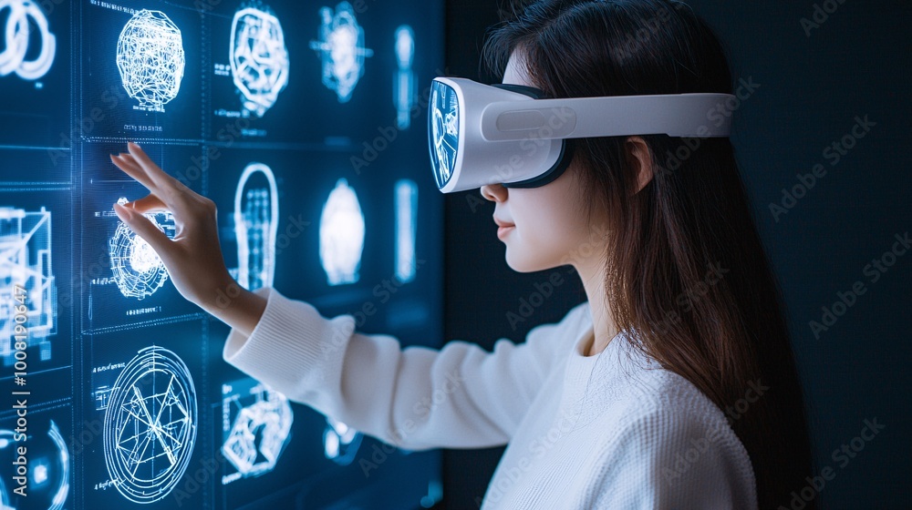 Poster a futuristic classroom where students interact with quantum-powered learning tools through augmented