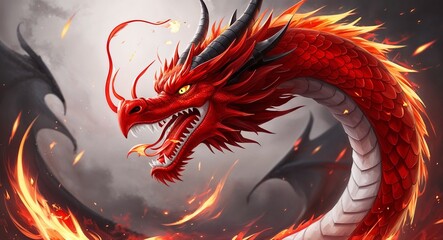 Fiery red dragon flame with glowing sparks effects anime art background