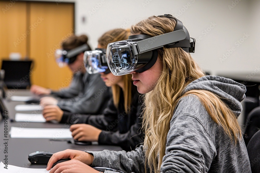 Poster a group of students collaborates in a quantum-powered augmented reality classroom, using holographic