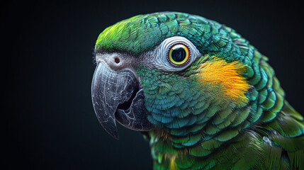 Close-up of a parrot’s head, showcasing its vivid, colorful feathers in stunning detail.