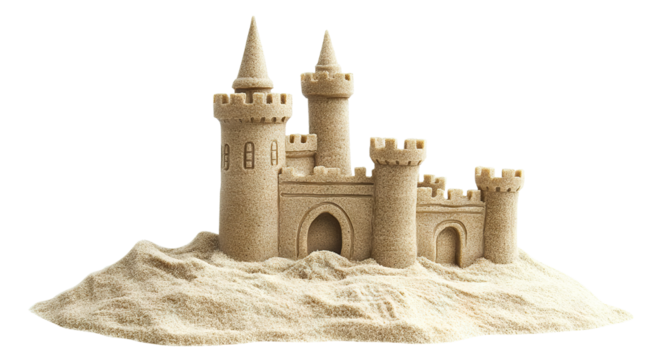 Detailed sandcastle with towers, isolated on transparent cutout background