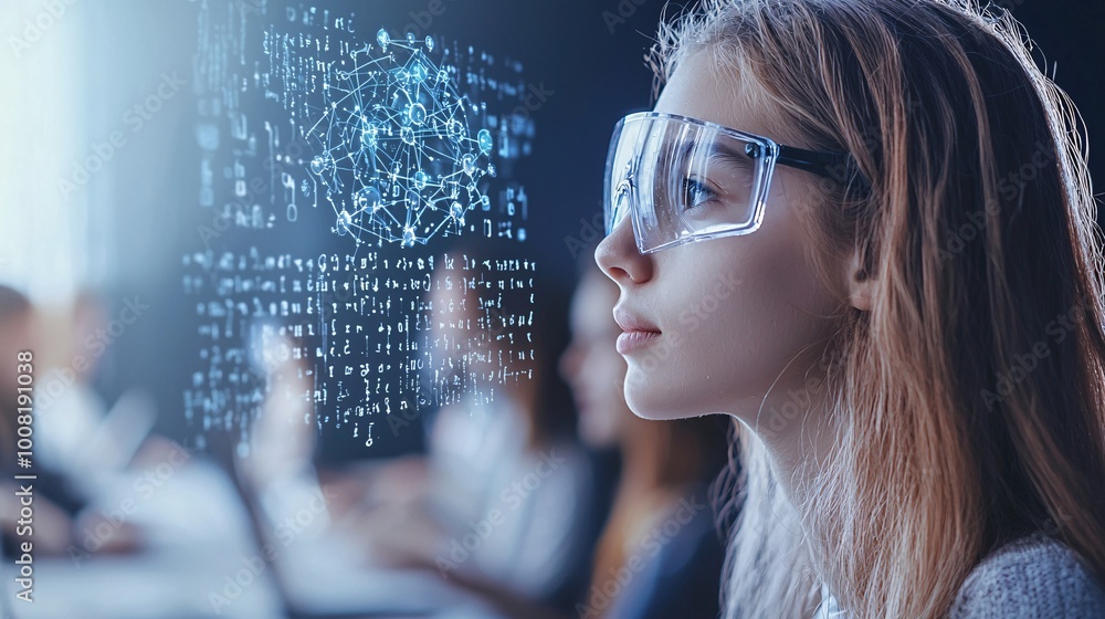 Poster a modern augmented classroom with students studying quantum mechanics through immersive holographic 