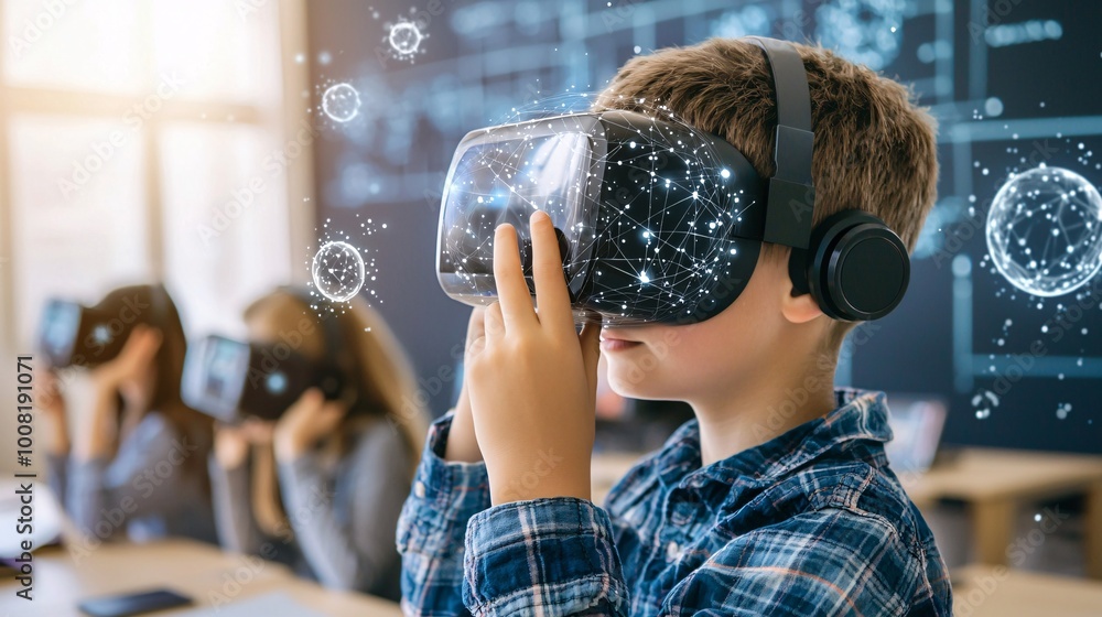Poster a modern augmented classroom with students studying quantum mechanics through immersive holographic 