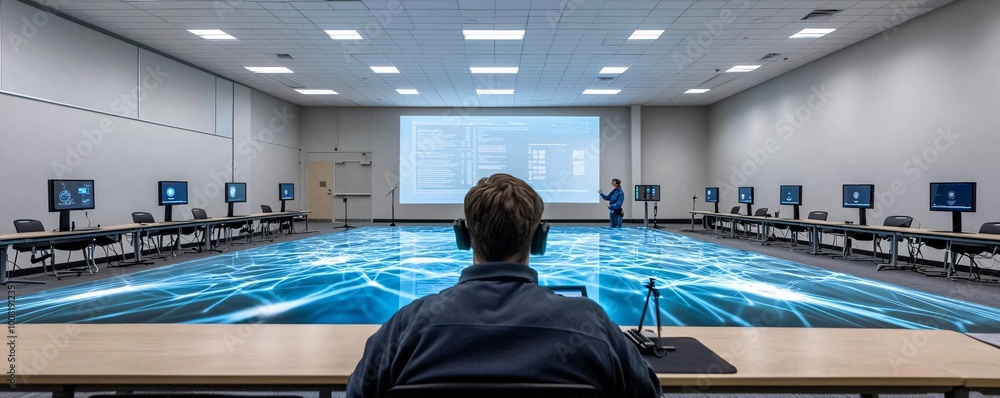 Poster a teacher uses augmented reality to explain quantum physics in a classroom filled with interactive h