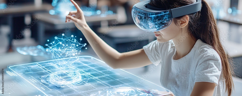 Poster a teacher uses augmented reality to explain quantum physics in a classroom filled with interactive h