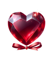 3D ruby gemstone heart with sparkles, ribbon, and a small bow on a transparent background