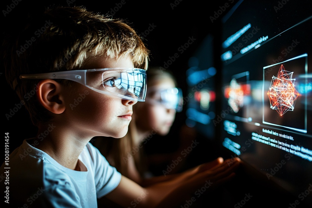Poster a futuristic classroom where students explore quantum superposition and decoherence through ar displ