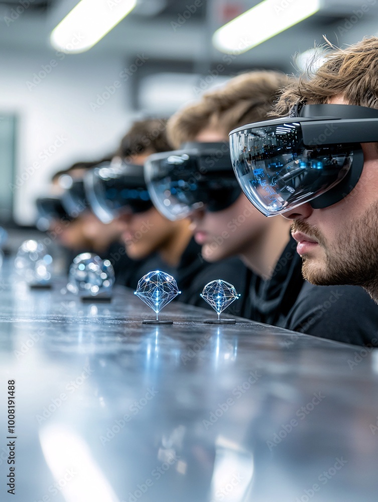 Poster a group of students wearing ar headsets, exploring quantum mechanics through interactive 3d models i