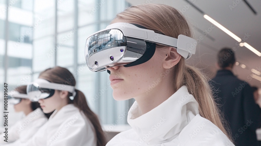Poster students exploring quantum states through augmented reality glasses in a sleek classroom designed fo