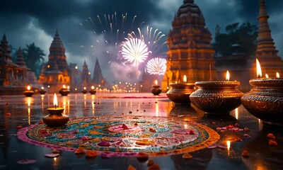 Diwali Celebration with Fireworks and Candles