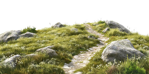 Scenic mountain trail with rocks and grass, isolated on transparent cutout background