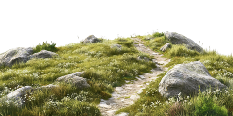 Scenic mountain trail with rocks and grass, isolated on transparent cutout background