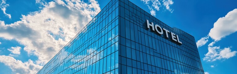 Modern Hotel Building with Large "HOTEL" Sign Under Clear Blue Sky