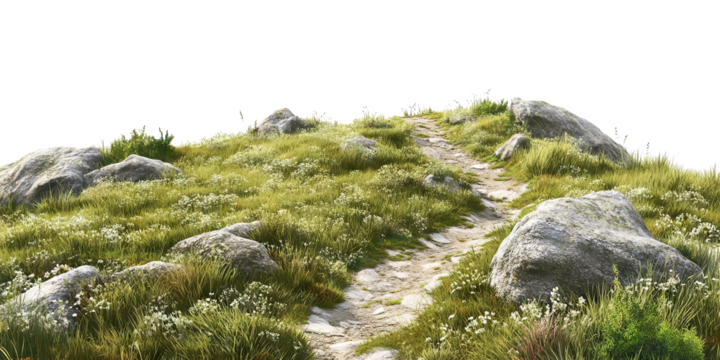 Scenic mountain trail with rocks and grass, isolated on transparent cutout background