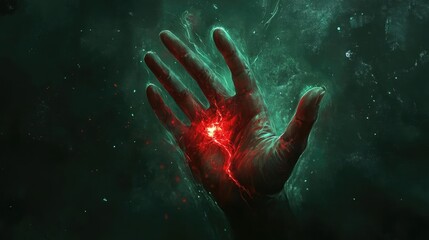 A mystical hand emerges from the shadows, glowing with vibrant red energy, symbolizing power and otherworldly connections.