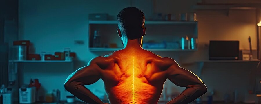 A muscular individual showcasing an illuminated spine, symbolizing strength and vitality in a clinical setting.