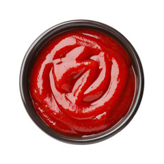 Bowl of red ketchup, top view, isolated on transparent cutout background