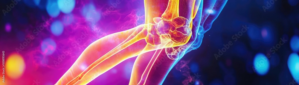 Poster vibrant illustration of a knee joint highlighting its structure and functions against a colorful abs