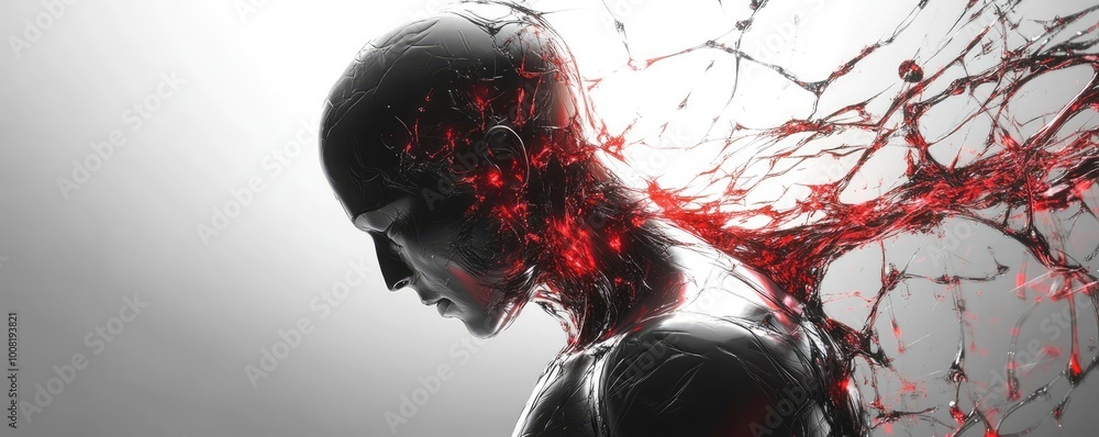 Poster an artistic representation of a humanoid figure with abstract red elements flowing, symbolizing emot
