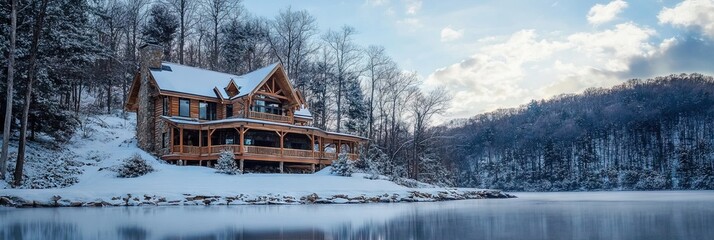 beautiful cabin lake front property in the mountains, winter,