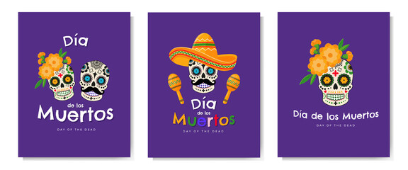 Dia de Los Muertos - Mexican Day of the Dead banner, poster, card set with colorful mexican traditional objects. Vector illustration