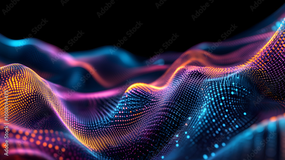Aufkleber futuristic abstract mesh. wave with the connection of luminous points and lines. 3d rendering.