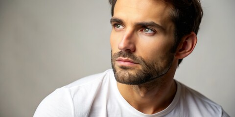 Obraz premium A man in a white t-shirt contemplates with an expressive gaze on a neutral background, perfect for lifestyle