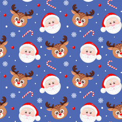 Seamless pattern with Cute Santa Claus and reindeer faces on blue background. Merry Christmas and happy new year. Design for print, wrapping paper, textile, fabric, wallpaper