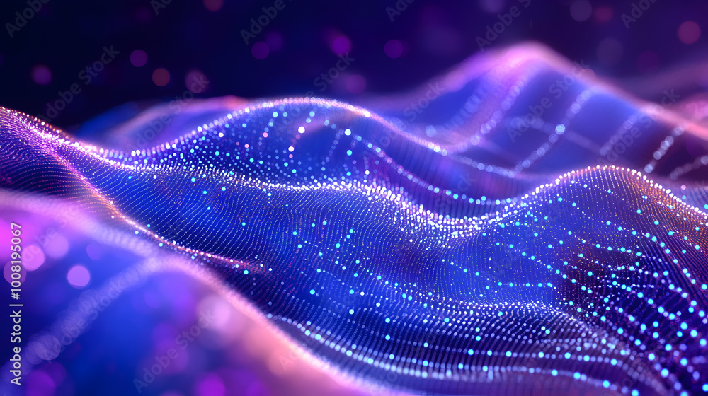 Poster big data visualization. the musical stream of sounds. abstract background with interweaving of dots 