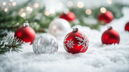 Christmas Baubles On Snowing landscape