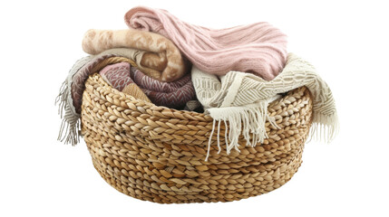 Obraz premium Basket filled with winter laundry on white background