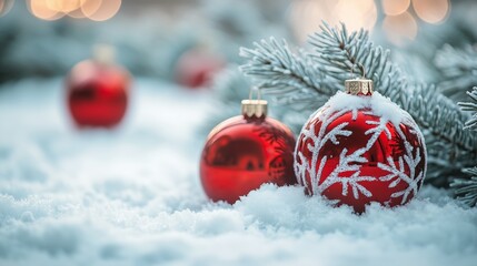 Christmas Baubles On Snowing landscape