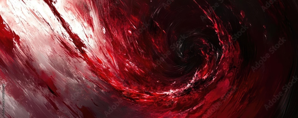 Poster a swirling vortex of deep red and dark tones, creating an abstract and dramatic visual that evokes e