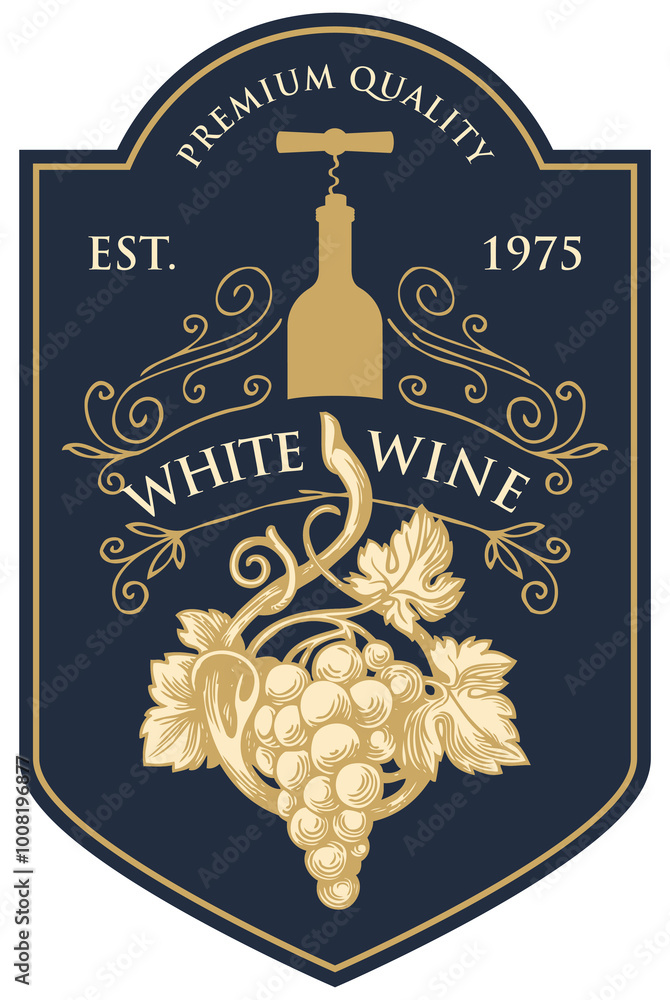 Poster wine label with a bunch of grapes, bottle with corkscrew and inscriptions in retro style. vector han