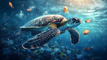 Fototapeta premium Sea turtle swimming through plastic waste in the ocean, symbolizing the threat of pollution to marine life