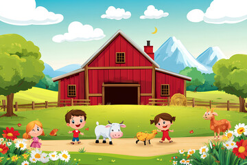 cartoon scene with kids on the farm having fun - illustration for children