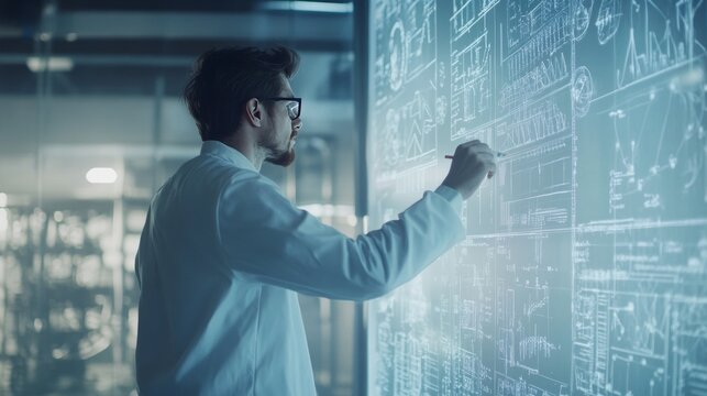 Cinematic depiction of an engineer actively engaged in problem solving at a whiteboard