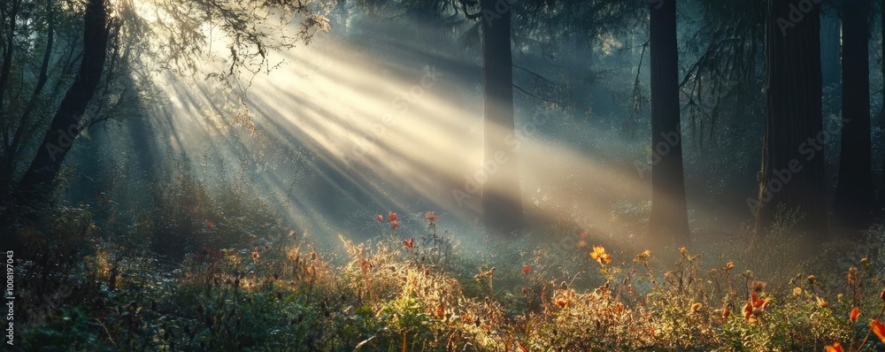 Poster beautiful forest scene with sunlight filtering through trees, casting soft rays on lush greenery and