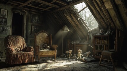 The attic is filled with dusty old furniture, broken dolls, and light coming in through cracks in the ceiling.