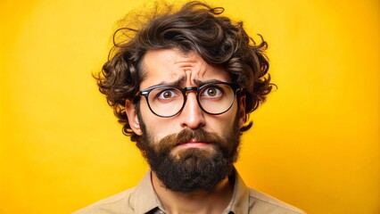 Obraz premium An ordinary man, sporting a beard and glasses, stands isolated on a yellow background. His curly dark hair